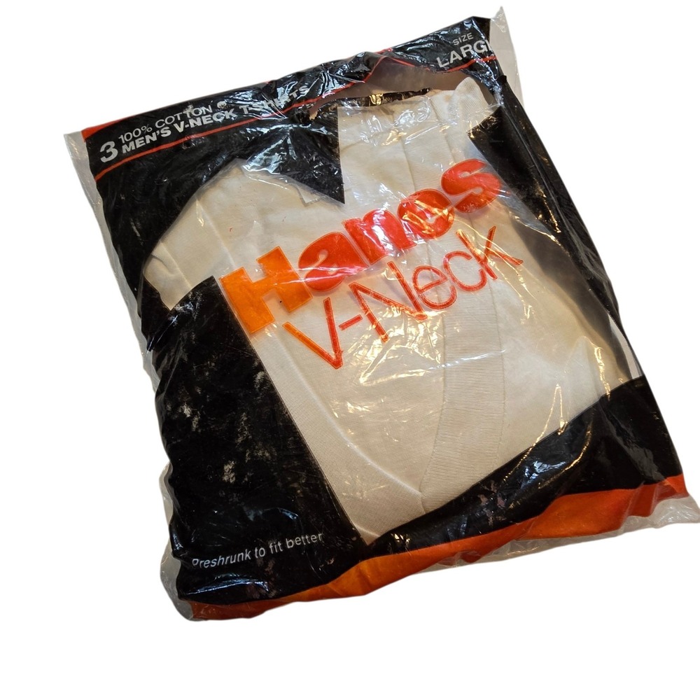 Vintage 1980s Hanes 3 Pack Mens T-Shirt V-Neck L Dead Stock NEW Underwear
